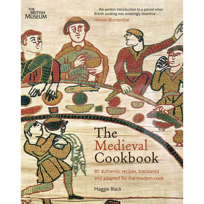 the medieval cookbook book cover showing medieval illustration of a feast round a table