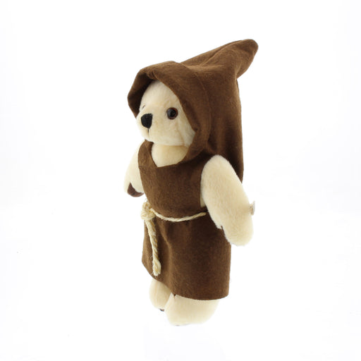 side view of medieval monk teddy bear with habit hood