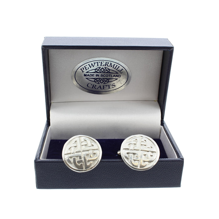 pewter cufflinks shown on presentation box which is open showing made in Scotland label