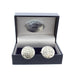 pewter cufflinks shown on presentation box which is open showing made in Scotland label