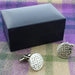 pewter cufflinks shown on blanket next to box these have a chunky weighty design