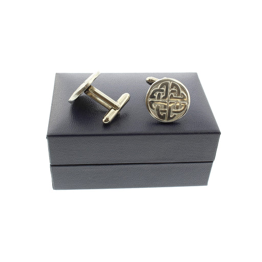 pewter cufflinks with celtic design shown on presentation box