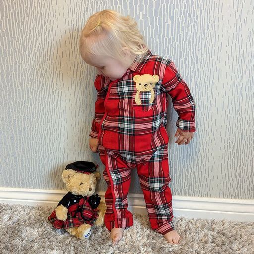 red tartan piper bear romper suit with mini model