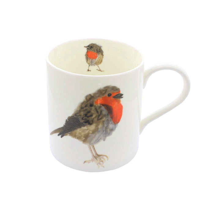 robin coffee mug with illustration robin on outer and small robin at inner lip of mug