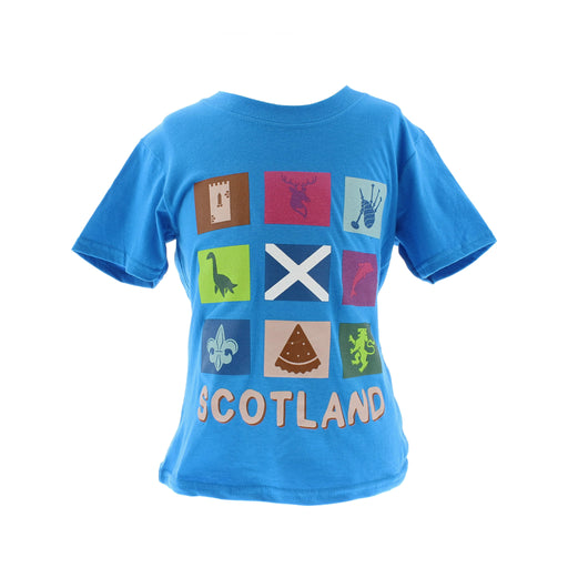 sky blue Children's Scotland T-Shirt with scottish icons design and word Scotland at bottom