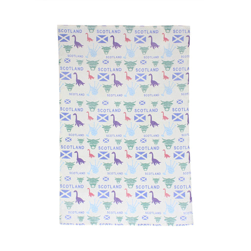 Scotland icons tea towel with modern printed repeat pattern of Scottish flag, nessie, higland cow and bagpipes in purple, green, blue and dark pink on white background