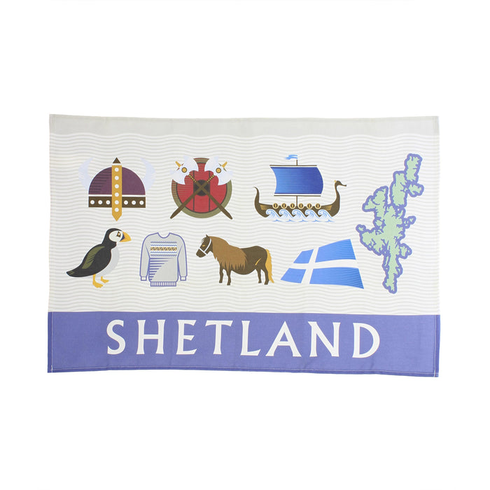 shetland tea towel with shetland icons