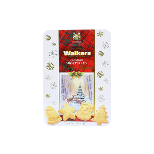 festive shortbread tin with different shaped shortbreads