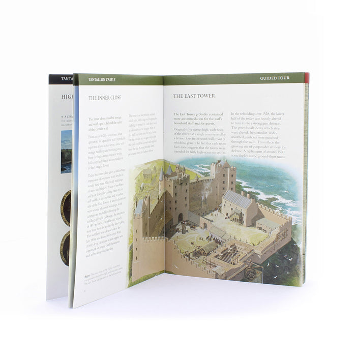 Tantallon guidebook shown open at page depicting illustration of castle grounds