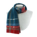 tartan lugano merino scarf wrapped on model with blue and red modern check